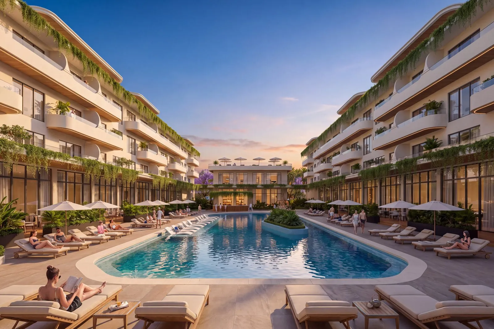 The two buildings of NOMAD Residences around the courtyard